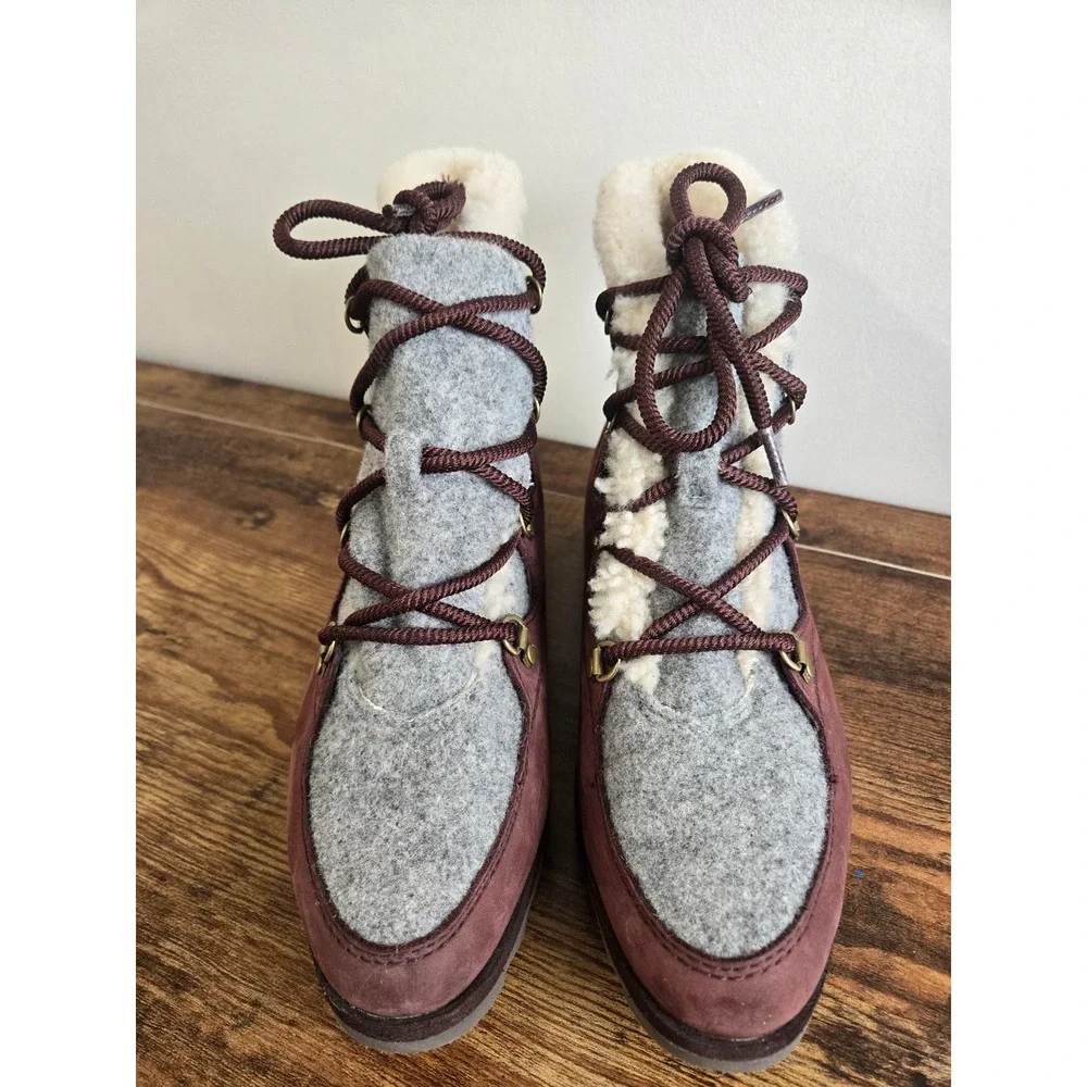 Sorel Kinetic Boots Women 10 Burgundy Suede Felt NL3287-908 Winter Lace Up
